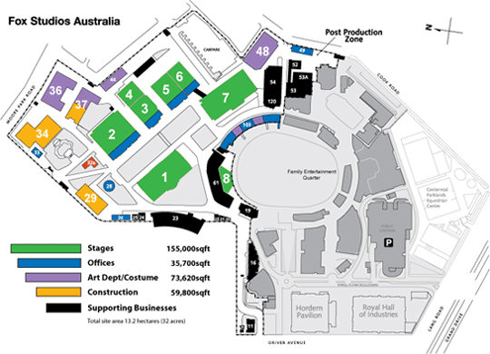 fox studios australia aerial schematic of buildings